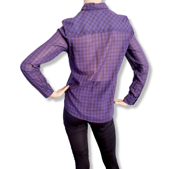 BCBGeneration Blue & Black Plaid Semi-Sheer Button Down Shirt - Picture 7 of 8